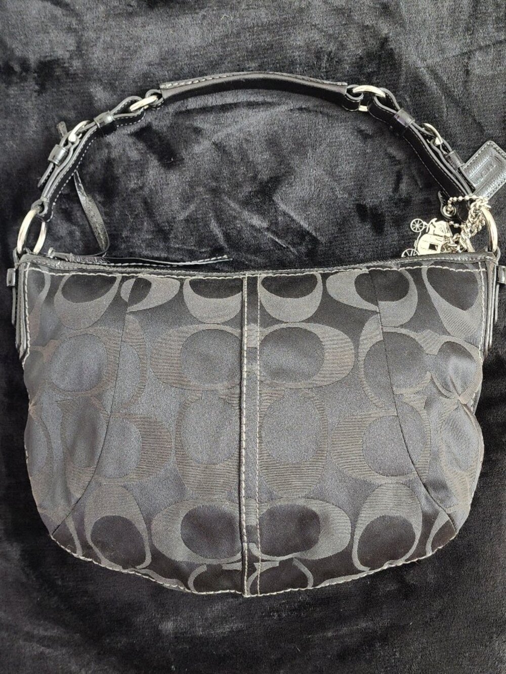 Coach Black Signature C Hobo Shoulder Bag Canvas Patent Leather Trim Charm